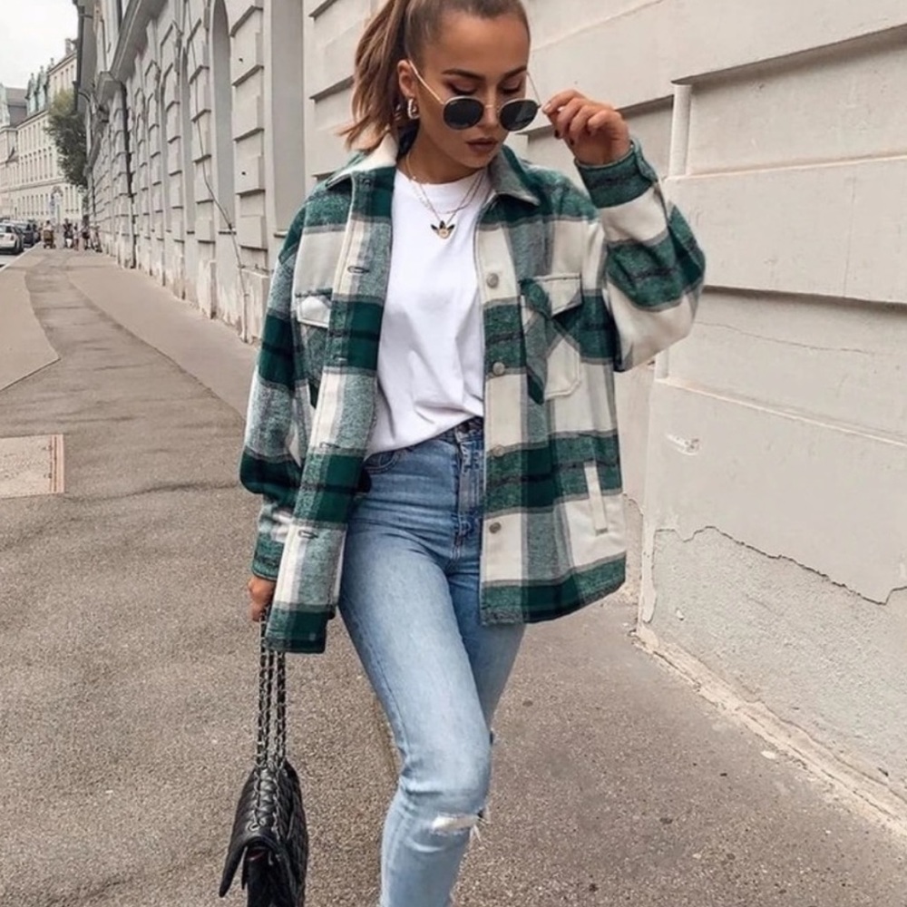 Plaid Stripe Oversized Flannel Shirt Shacket green - Picture 5 of 16